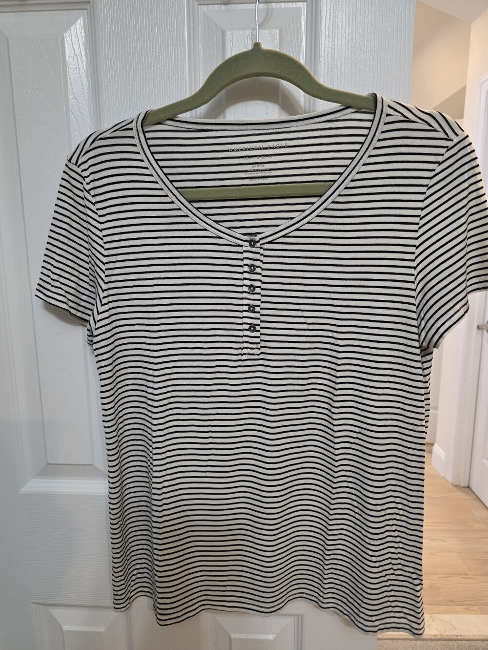 Striped Short-Sleeve Henley Top - Black & White